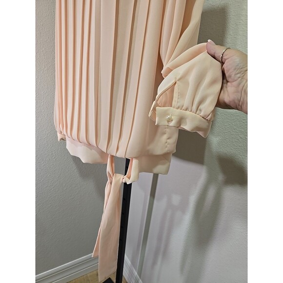 Vtg Cottage Fairy Peach Embroidered Lace Collar Pleated Top Womens 16 Waist Tie - Picture 3 of 6